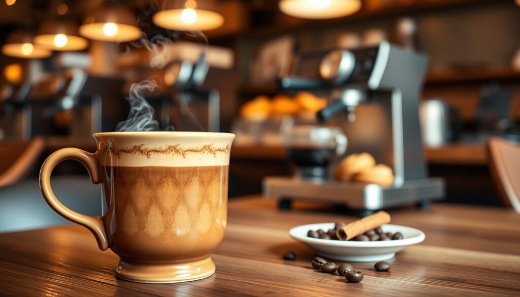 A steaming cup of classic hot coffee presented on a wooden table, with a close-up view focusing on the rich, dark brown liquid swirling gently in the cup. The foreground features a beautifully crafted ceramic mug, showcasing an elegant design. In the middle ground, a small plate rests beside the cup, holding a sprinkle of cinnamon and a few coffee beans, enhancing the aromatic appeal. The background softly captures a cozy café atmosphere with warm lighting, featuring blurred silhouettes of coffee machines and pastries under gentle pendant lights. The overall mood conveys comfort and warmth, inviting the viewer to savor the delightful experience of classic hot coffee.
