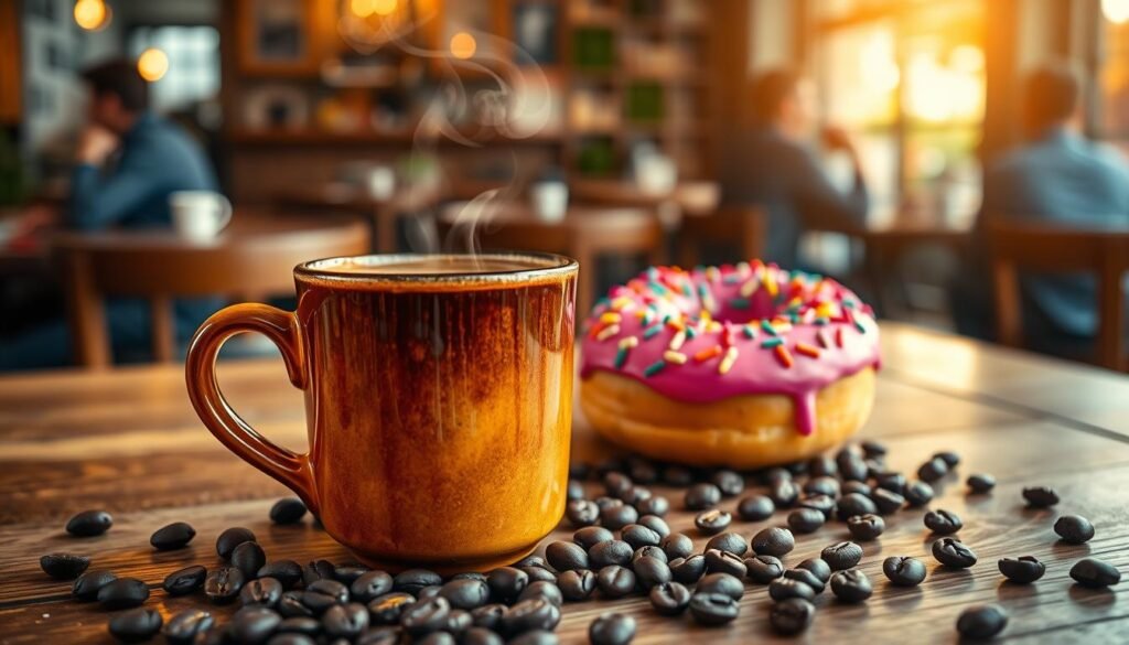 A steaming cup of coffee with rich, dark brown liquid swirls on a wooden table, surrounded by sprinkled coffee beans. In the foreground, the coffee mug features a unique design with a warm gradient of orange and brown hues. In the middle, a delicious donut with vibrant pink frosting and colorful sprinkles sits next to the cup, symbolizing a classic pairing. The background softly fades into a cozy café setting with warm lighting and blurred outlines of patrons enjoying their morning routine, creating an inviting atmosphere. Capture the scene from a slightly elevated angle to showcase the enticing details, as the early morning sun casts a golden glow, enhancing the warmth and comfort of the moment. The mood is lively yet serene, perfect for starting the day.