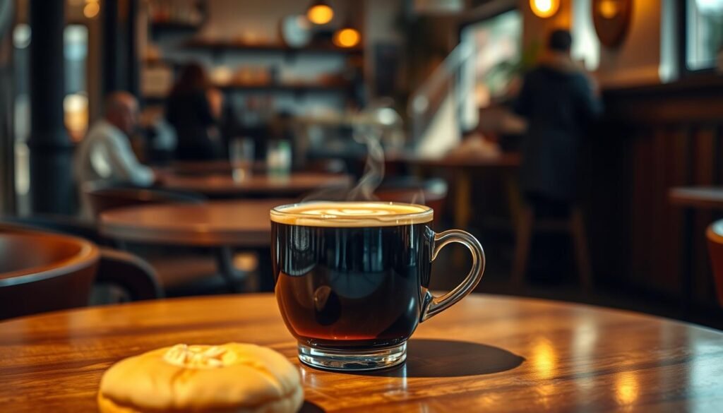 A steaming cup of hot coffee sits elegantly on a polished wooden table, surrounded by a warm, inviting atmosphere. The coffee is a rich dark brown, with a delicate swirl of cream creating an inviting latte art design on the surface. In the foreground, a biscuit or pastry complements the coffee, adding a cozy touch. The middle ground features a softly blurred background of a bustling café, with warm lighting casting gentle shadows and highlighting the inviting ambiance. Natural light streams in from a nearby window, enhancing the comforting feeling of the scene. The overall mood is relaxed and welcoming, perfect for coffee lovers, invoking a sense of warmth and indulgence.