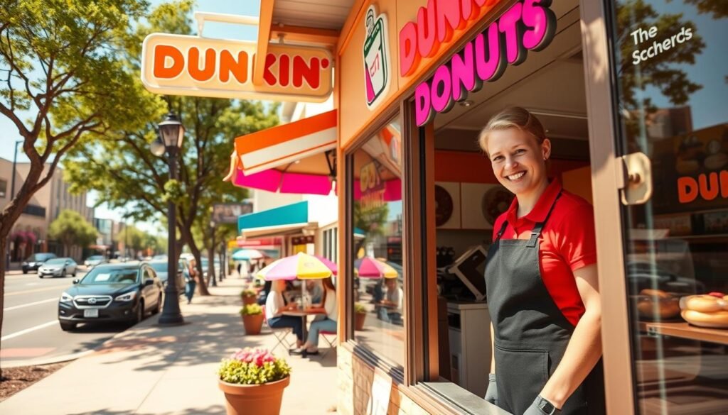 A vibrant Dunkin' Donuts location on a sunny day, featuring a charming storefront with the iconic orange and pink signage. In the foreground, a cheerful barista, dressed in a professional red polo and black apron, is serving customers through an open window, showcasing fresh donuts and steaming coffee. The middle ground includes a well-maintained outdoor seating area with colorful umbrellas and a few patrons enjoying their treats at tables. In the background, a bustling street scene with cars and pedestrians adds energy. Golden sunlight casts soft shadows, enhancing the inviting atmosphere. The angle captures the storefront's welcoming facade, creating a warm and friendly vibe that encourages customers to stop by.