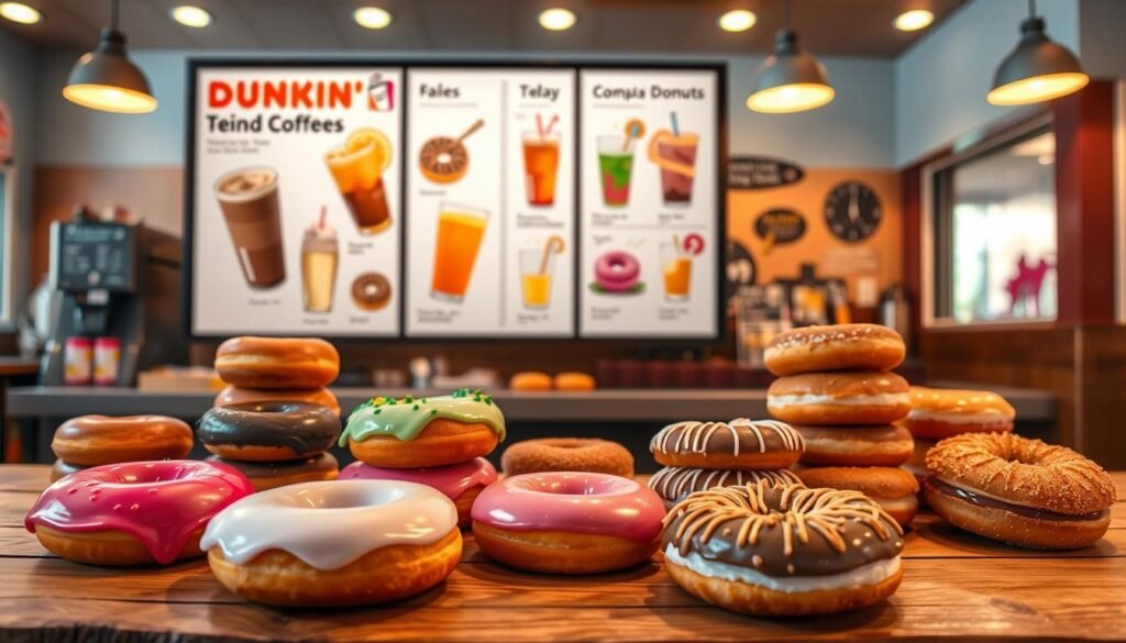 A vibrant Dunkin' Donuts menu display showcasing new additions. In the foreground, include a colorful array of freshly baked donuts - glazed, filled, and decorated - arranged enticingly on a rustic wooden table. The middle layer features a prominent menu board with illustrations of trending beverages, like iced coffees and refreshing teas, accompanied by visuals of unique donut flavors. In the background, a cozy Dunkin' store interior is softly lit with warm, inviting lighting, creating a welcoming atmosphere. Capture this scene from a three-quarter angle to highlight the delightful offerings and their inviting presentation. The mood is cheerful and energizing, perfect for showcasing delicious menu updates.