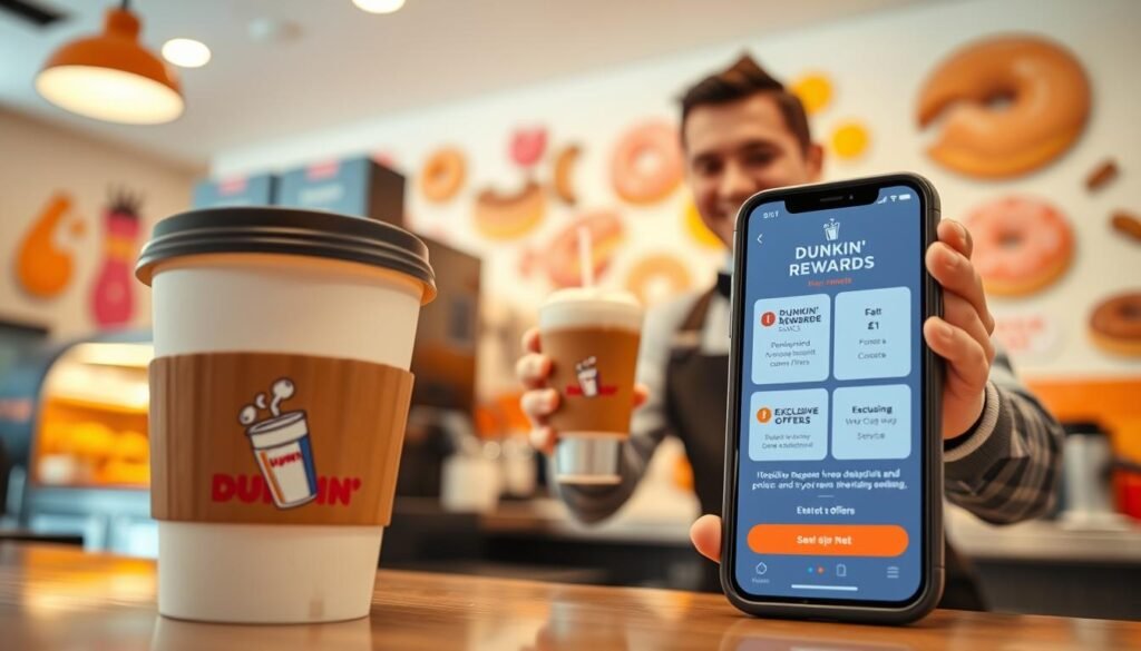 A vibrant and engaging image showcasing a "Dunkin' Rewards" theme. In the foreground, a close-up view features a coffee cup with a stylish design displaying the Dunkin' logo alongside a smartphone displaying the Dunkin' Rewards app interface, highlighting rewards points and exclusive offers. In the middle ground, a cheerful barista in professional attire prepares a frothy latte, capturing the essence of exceptional customer service. The background reveals a cozy Dunkin' store environment with warm, inviting lighting and colorful wall decor featuring donuts and coffee. The atmosphere is lively and encouraging, inviting customers to maximize their rewards benefits while enjoying their favorite Dunkin' treats. The image should have a bright, clean aesthetic, with soft focus and a lens that emphasizes the foreground elements.