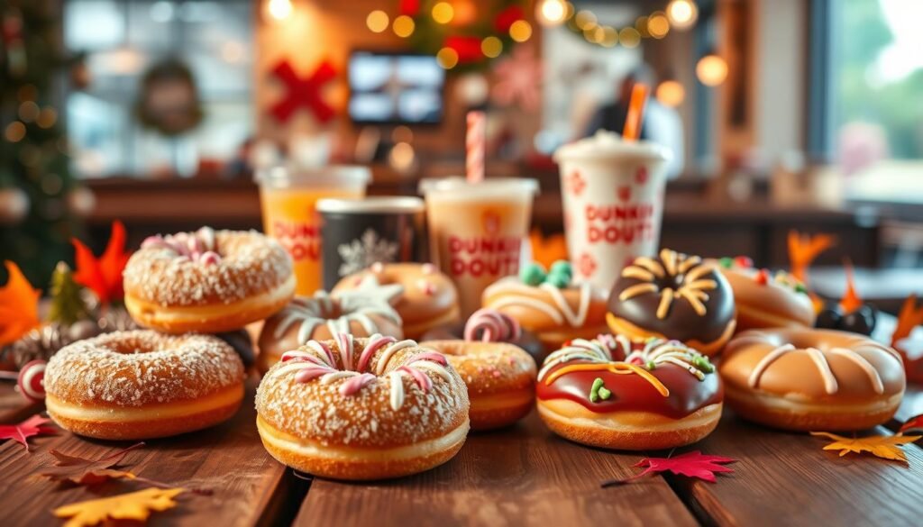 A vibrant and enticing display of Dunkin' Donuts Munchkins arranged artistically on a wooden picnic table, surrounded by seasonal decor like autumn leaves, snowflakes, or blooming flowers, depending on the time of year. The Munchkins are glistening with sugar and colorful icing, showcasing a variety of seasonal flavors like pumpkin spice, peppermint, and fruity spring blossoms. In the foreground, focus on a close-up of a few Munchkins, capturing their texture and vibrant colors. The middle ground features festive drinks, like holiday-themed coffees or iced beverages. In the background, a softly blurred coffee shop ambiance with warm lighting creates a cozy vibe, inviting the viewer to indulge in these limited-time offerings. The atmosphere is cheerful and inviting, embodying the essence of seasonal delights.