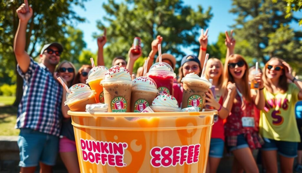 A vibrant and inviting scene focusing on a bucket filled with iced coffee from Dunkin Donuts, placed prominently in the foreground. The bucket is overflowing with colorful iced coffee drinks, topped with whipped cream and sprinkles, reflecting a summer vibe. In the middle ground, a group of enthusiastic fans, dressed in casual, cheerful attire, are enjoying and sharing the drinks, expressing excitement and delight. The background features a bright, sunny park setting, with green trees and a clear blue sky, creating a warm, festive atmosphere. Use natural lighting to highlight the enticing colors of the beverages and convey a sense of community and joy. Shot at eye level with a wide-angle lens to capture the lively interaction around the bucket.