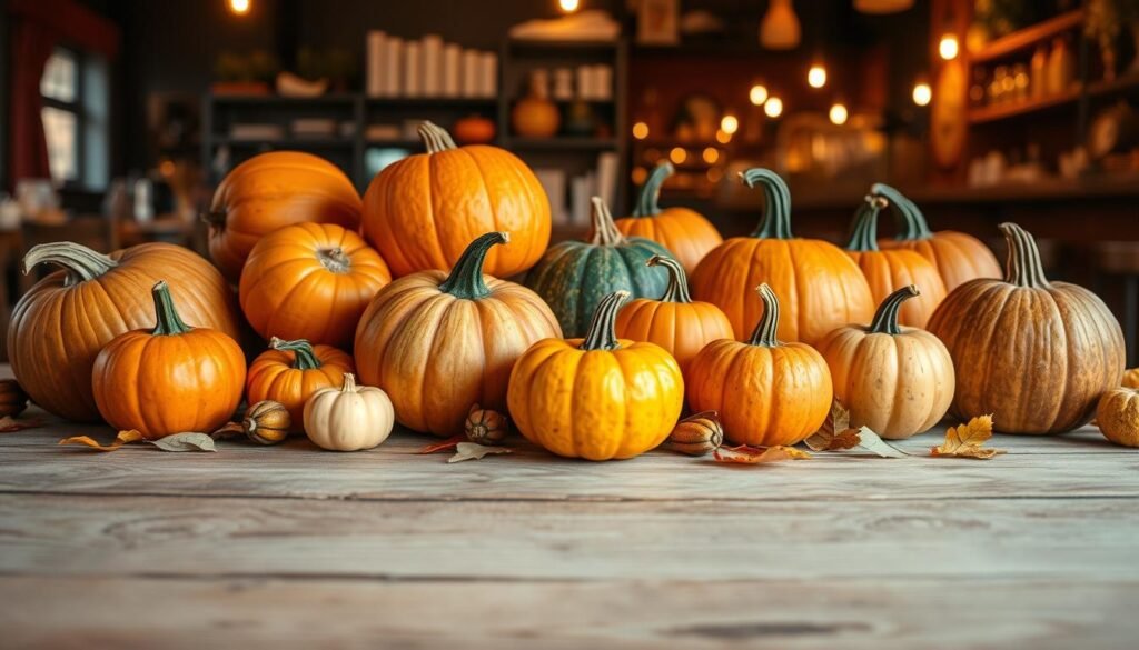 A vibrant and inviting seasonal pumpkin lineup arranged on a rustic wooden table, showcasing various sizes and shapes of pumpkins in warm, autumnal hues of orange, gold, and deep green. In the foreground, include a few small decorative gourds and some fallen autumn leaves for a touch of nature. The middle ground features larger pumpkins, artistically placed to create depth, while a cozy, softly lit café ambiance serves as the background. Use warm, golden lighting to evoke a sense of comfort and nostalgia typical of fall. Capture the scene from a slightly elevated angle to emphasize the textures and colors of the pumpkins, creating an overall inviting atmosphere that resonates with the seasonal theme of fall delights.