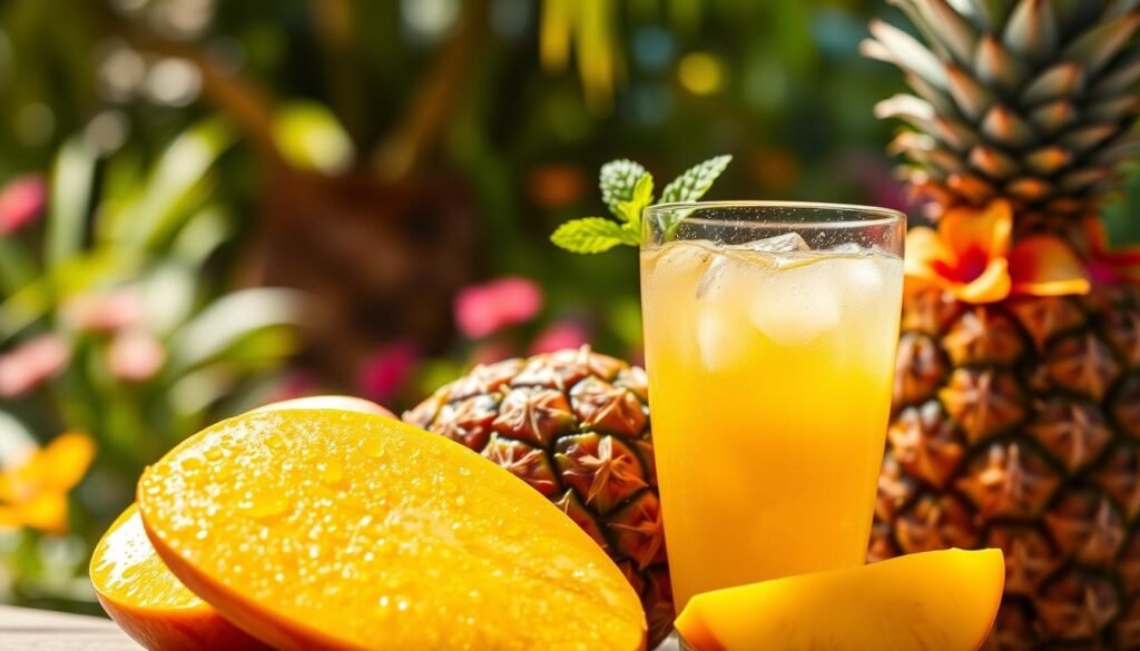 A vibrant and refreshing composition showcasing a mango and pineapple pairing. In the foreground, place a beautifully sliced ripe mango and a juicy, freshly cut pineapple, both glistening with droplets of water for a fresh look. In the middle ground, feature a clear glass filled with a bright, tropical mango pineapple refresher, garnished with a sprig of mint, catching sunlight to create a sparkling effect. The background should be blurred, evoking a tropical garden filled with lush greenery and hints of colorful flowers, enhancing the refreshing atmosphere. Use natural, warm lighting to convey a feeling of warmth and rejuvenation, captured from a slightly elevated angle to showcase the vibrant colors. The overall mood should feel inviting and energizing, perfect for a summer snack.