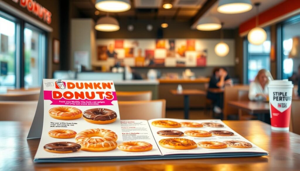 A vibrant and well-organized Dunkin' Donuts menu displayed prominently on a wooden café table. The menu showcases assorted donuts in an enticing array, featuring classic glazed, chocolate-frosted, and fruity varieties, alongside refreshing beverages like iced coffee and hot chocolate. The foreground features the menu in focus, with a warm light highlighting the colorful donuts, creating an inviting atmosphere. In the middle, a casual setting with a blurred backdrop of a cozy Dunkin' Donuts store interior, complete with comfortable seating and cheerful patrons enjoying their treats. The lighting is warm and soft, inviting a sense of comfort and indulgence, capturing the essence of enjoying delicious treats while considering promotions. The angle is slightly from above, giving a clear view of the menu and the delightful selections it offers.