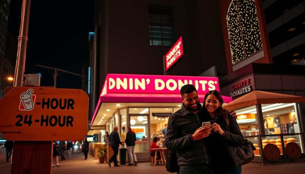 A vibrant city street scene at night, showcasing a brightly lit 24-hour Dunkin' Donuts. In the foreground, a cheerful couple in modest casual clothing stands by a wooden sign pointing towards the donut shop, with expressions of excitement as they look at their phones. The middle ground features the Dunkin' Donuts storefront, with its signature pink and orange colors glowing warmly. Customers of diverse backgrounds can be seen enjoying pastries and coffee outside. The background reveals a bustling cityscape with twinkling lights and a clear night sky. The scene is illuminated by neon signage, creating a welcoming and lively atmosphere, captured with a slight low-angle perspective to emphasize the storefront. The mood is energetic and inviting, perfect for late-night cravings.
