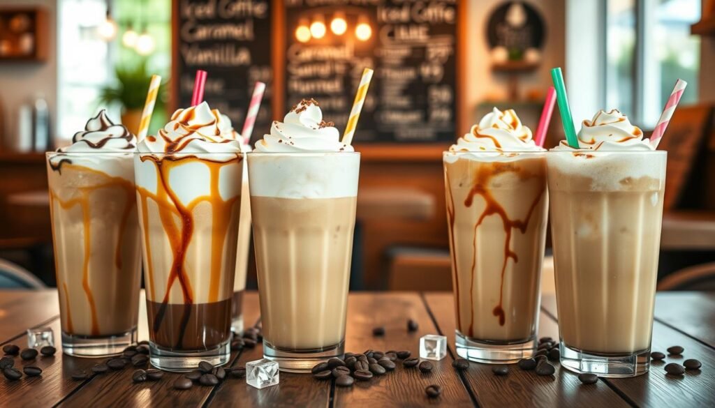 A vibrant display of classic iced coffee flavors in a cozy café setting. In the foreground, several tall, frosty glasses of iced coffee showcase flavors like caramel, mocha, vanilla, and hazelnut, each adorned with whipped cream and a drizzle of syrup. The glasses are surrounded by coffee beans, ice cubes, and colorful straws. In the middle, a rustic wooden table with light reflections highlights the refreshing drinks, inviting the viewer to indulge. The background features a softly blurred café setting with warm lighting and a chalkboard menu showcasing iced coffee specials. The atmosphere is inviting and refreshing, evoking a relaxed afternoon vibe, perfect for summer enjoyment. The image should capture the essence of classic iced coffee in a mouthwatering presentation.