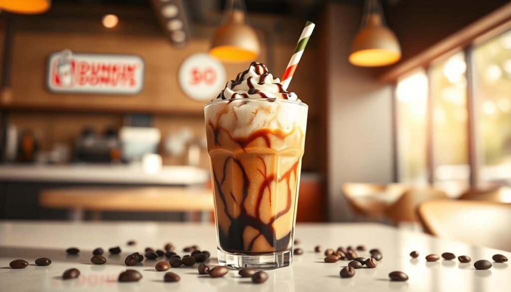 A vibrant image of a frozen coffee drink in a clear glass, topped with whipped cream and a drizzle of chocolate syrup. The foreground features the drink adorned with a colorful straw and coffee beans scattered artfully around. In the middle, a sleek, modern café setting provides context, with blurred glimpses of Dunkin' Donuts's iconic branding in soft focus. In the background, warm, inviting natural light streams through a window, creating a cozy yet energetic atmosphere. Emphasize the refreshing texture of the frozen coffee, highlighting the icy crystals and the indulgent toppings. The overall mood should evoke a sense of indulgence and refreshment, appealing to coffee lovers seeking a cool treat on a sunny day.