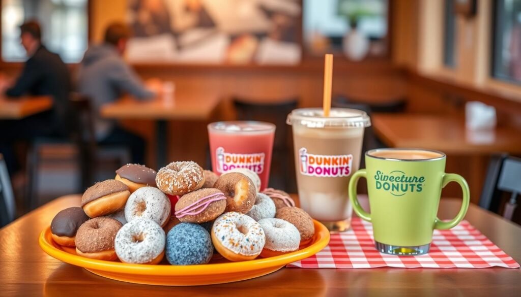 A visually appealing arrangement of Dunkin Donuts Munchkins and a selection of signature Dunkin beverages. In the foreground, display a vibrant platter filled with an assortment of Munchkins in various flavors, like chocolate glazed, powdered sugar, and blueberry, arranged artfully. Beside the Munchkins, include two colorful cups of iced coffee and a steaming cup of hot coffee, showcasing the distinct Dunkin branding. In the middle ground, set a cozy café table with a warm wooden finish, adorned with a checkered tablecloth. The background should feature a softly blurred café environment, with warm lighting creating an inviting atmosphere, hinting at patrons enjoying their treats. Use a shallow depth of field to focus on the Munchkins and drinks, capturing a delightful and indulgent moment.