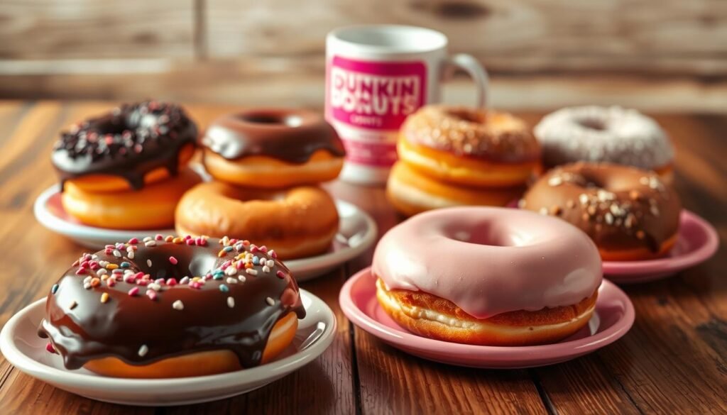 A visually appealing display of Dunkin' Donuts, showcasing an array of delicious donut flavors, arranged artistically on a rustic wooden table. In the foreground, feature a selection of donuts: a glistening chocolate glazed donut with sprinkles, a vibrant strawberry frosted donut, and a classic cinnamon sugar donut, all set on charming pastel-colored plates. The middle layer includes additional flavors like blueberry cake and powdered sugar, elegantly positioned for visual depth. In the background, a bright, softly-lit Dunkin' Donuts coffee cup completes the scene. Use warm, inviting lighting to enhance the rich colors and textures of the donuts, creating a cozy and appetizing atmosphere. Capture the image from a slightly elevated angle to provide a comprehensive view of the delicious assortment.