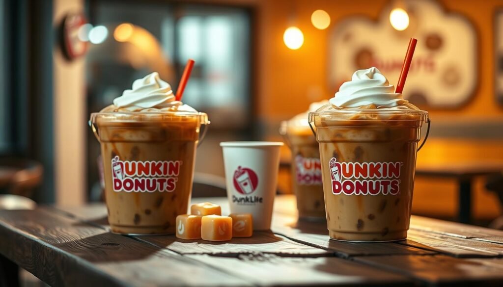 A visually appealing scene showcasing multiple Dunkin Donuts iced coffee buckets arranged on a rustic wooden table. In the foreground, the buckets are filled with creamy iced coffee ice cubes, topped with a swirl of whipped cream and a vibrant straw. In the middle ground, a few iced coffee cups are placed alongside, each featuring the iconic Dunkin Donuts logo. The background features a softly blurred café setting with warm, inviting lighting that enhances the coffee's rich tones and the bucket's glossy finish. Use a shallow depth of field to create a dreamy atmosphere, emphasizing the refreshing and indulgent appeal of iced coffee. The overall mood is cheerful and energetic, perfect for showcasing a trendy beverage experience.