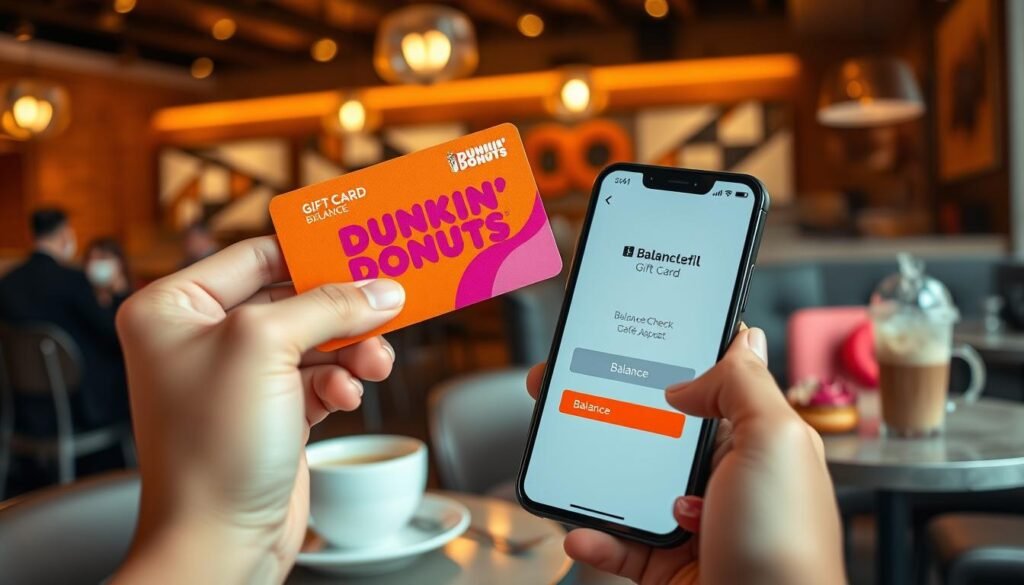 A visually engaging scene depicting a hand holding a Dunkin' Donuts gift card with a modern smartphone. The foreground features the gift card prominently, showcasing its vibrant orange and pink colors, embossed logo, and artful design. The smartphone displays a sleek user interface showing a balance check screen with a clear balance amount visible. In the middle ground, a stylish café ambiance is created, with a well-lit table featuring a cup of iced coffee and donuts in soft focus, hinting at the Dunkin' experience. The background includes a softly blurred café interior with warm lighting, wooden textures, and customers enjoying their beverages, evoking a cozy and inviting mood. The angle captures the hand naturally, focusing on the interaction with the card and phone, emphasizing the ease of checking the gift card balance.