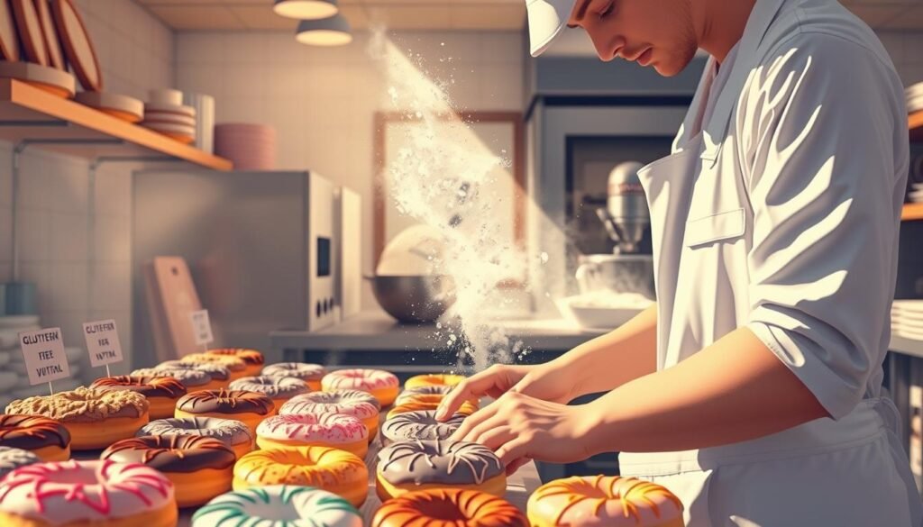 A visually striking illustration of cross-contamination in a donut shop setting. In the foreground, a worker in a professional apron, carefully handling different types of donuts—gluten-free and traditional, with vibrant colors and detailed icing. The middle ground features a display case showcasing an array of donuts, each meticulously labeled. In the background, a kitchen scene reveals a mixing station with flour and utensils, some dusting gluten particles into the air, highlighting the risk of cross-contamination. Warm, inviting lighting mimics morning sunlight, casting soft shadows. The atmosphere is tense yet focused, conveying the importance of safety in food preparation. No text or distractions; the image should evoke caution around gluten cross-contamination in a bustling donut shop environment.