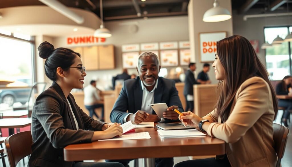 A warm and inviting mentorship scene set in a modern Dunkin' Donuts store. In the foreground, a diverse group of three professionals—a young woman of Asian descent, a middle-aged Black man, and a Hispanic woman—are engaged in a lively discussion at a table, sharing notes and laptops, all dressed in smart casual attire. The middle layer features the cozy café ambiance, with a counter displaying freshly brewed coffee and donuts, and other patrons enjoying their time. In the background, bright windows let in soft morning light, enhancing the inviting atmosphere. The overall mood is collaborative and supportive, emphasizing mentorship and team spirit, captured with a slight depth of field to focus on the group while gently blurring the background.