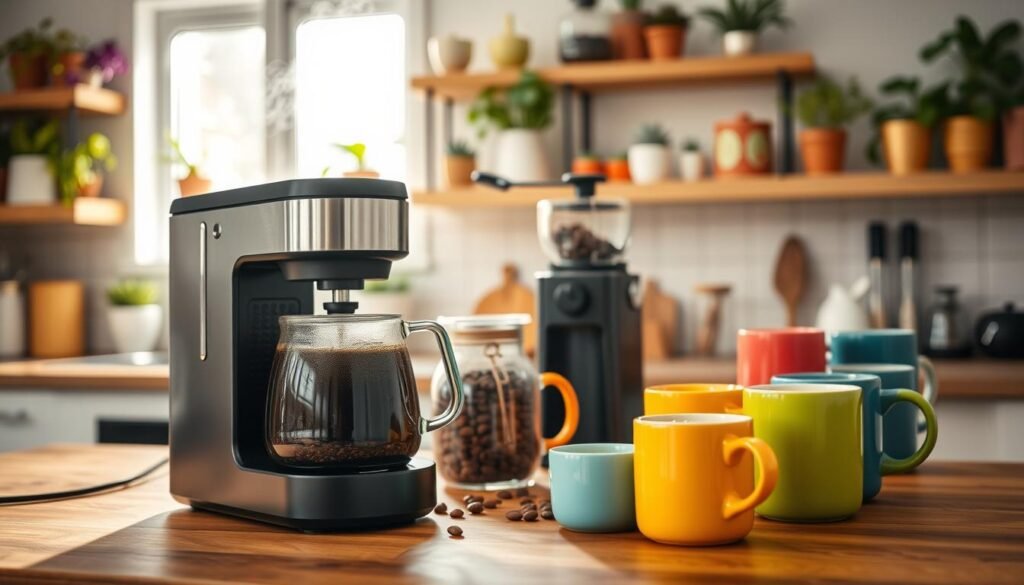 A warm, inviting kitchen scene with a wooden countertop as the foreground. On the counter, a sleek coffee maker is brewing a pot of rich, aromatic coffee, steam wafting up. Next to it, a glass jar filled with coffee beans and a stylish, minimalist coffee grinder. In the middle ground, a tasteful collection of coffee mugs in cheerful colors, some filled with freshly brewed coffee, ready for enjoyment. The background features softly blurred kitchen shelves lined with vibrant plants and spices, creating a cozy atmosphere. Natural sunlight streams through a window, casting gentle, warm light across the scene. The overall mood is homey and relaxing, encouraging viewers to imagine the joy of brewing coffee at home.