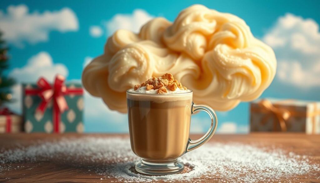 A whimsical "cookie butter cloud" floating in a dreamy sky, with soft, billowy textures that resemble swirls of creamy cookie butter. In the foreground, a clear glass cup filled with a frothy, caramel-colored beverage topped with cookie crumbles sits on a wooden table, with a dusting of powdered sugar around it. In the middle ground, soft-focus presents decorated with festive ribbons hint at a holiday theme. The background features a bright blue sky with fluffy white clouds, which echo the cloud’s color and texture. The scene is illuminated by warm, golden lighting, creating an inviting and cozy atmosphere perfect for the holiday season. The angle is slightly above the cup, giving a clear view of the drink and the gentle whimsy of the cookie butter cloud.