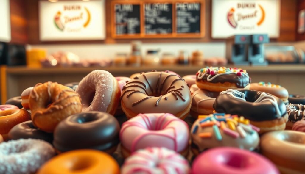 A whimsical scene depicting a playful showdown between colorful Dunkin Donuts Munchkins and classic full-sized donuts. In the foreground, a vibrant arrangement of Munchkins, showcasing their various flavors and colors, like chocolate, powdered sugar, and glazed, arranged in an inviting circle. The full-sized donuts are positioned prominently in the middle, equally appealing, with toppings like sprinkles, icing, and fruit. The background features a cozy donut shop setting with warm, soft lighting to create an inviting atmosphere, and a blurred display of more pastries and a coffee station. The camera angle is slightly low, emphasizing the donuts while ensuring a friendly, competitive feel. The mood is light-hearted and fun, perfect for illustrating a food comparison.