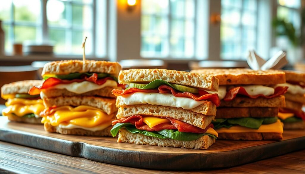 Vibrant close-up of an assortment of breakfast sandwiches, featuring fluffy scrambled eggs, crispy bacon, melting cheese, and fresh vegetables like avocado and spinach. The sandwiches are stacked on a rustic wooden table, with a soft focus that highlights their textures. In the background, a bright and inviting café setting with soft morning light filtering through large windows. A few simple, elegant plates and napkins add a touch of warmth. The scene conveys a cozy, inviting atmosphere perfect for enjoying a morning meal. The lens should have a shallow depth of field to emphasize the sandwiches while keeping the background slightly blurred, creating a warm and appetizing mood. No text or watermarks present.